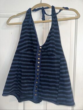 Free People Navy Striped Halter Button-Front Camisole